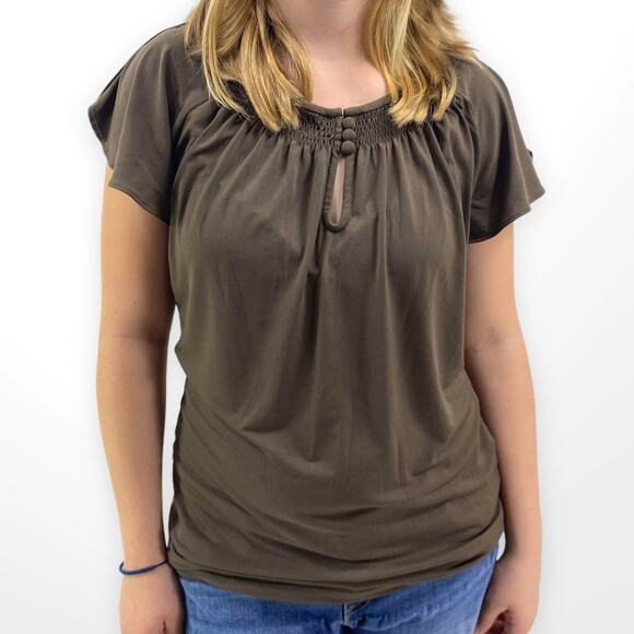 00s THE LIMITED Vintage Brown flutter Sleeve Keyhole Neckline Blouse - Picture 7 of 7